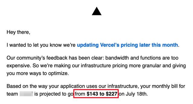 “根据开发者社区的反馈更新我们的定价，以降低成本” Vercel 使用这种含糊措辞让人误以为是在降价，实际看完账单才知道其实是涨价 给社区强推服务端渲染的时候...